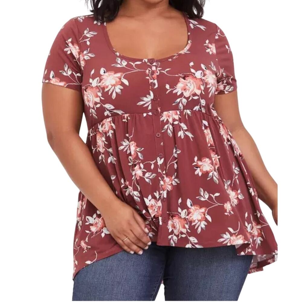 Torrid Womens Short Sleeve Brown Floral Scoop Neck Babydoll Tunic Size 2